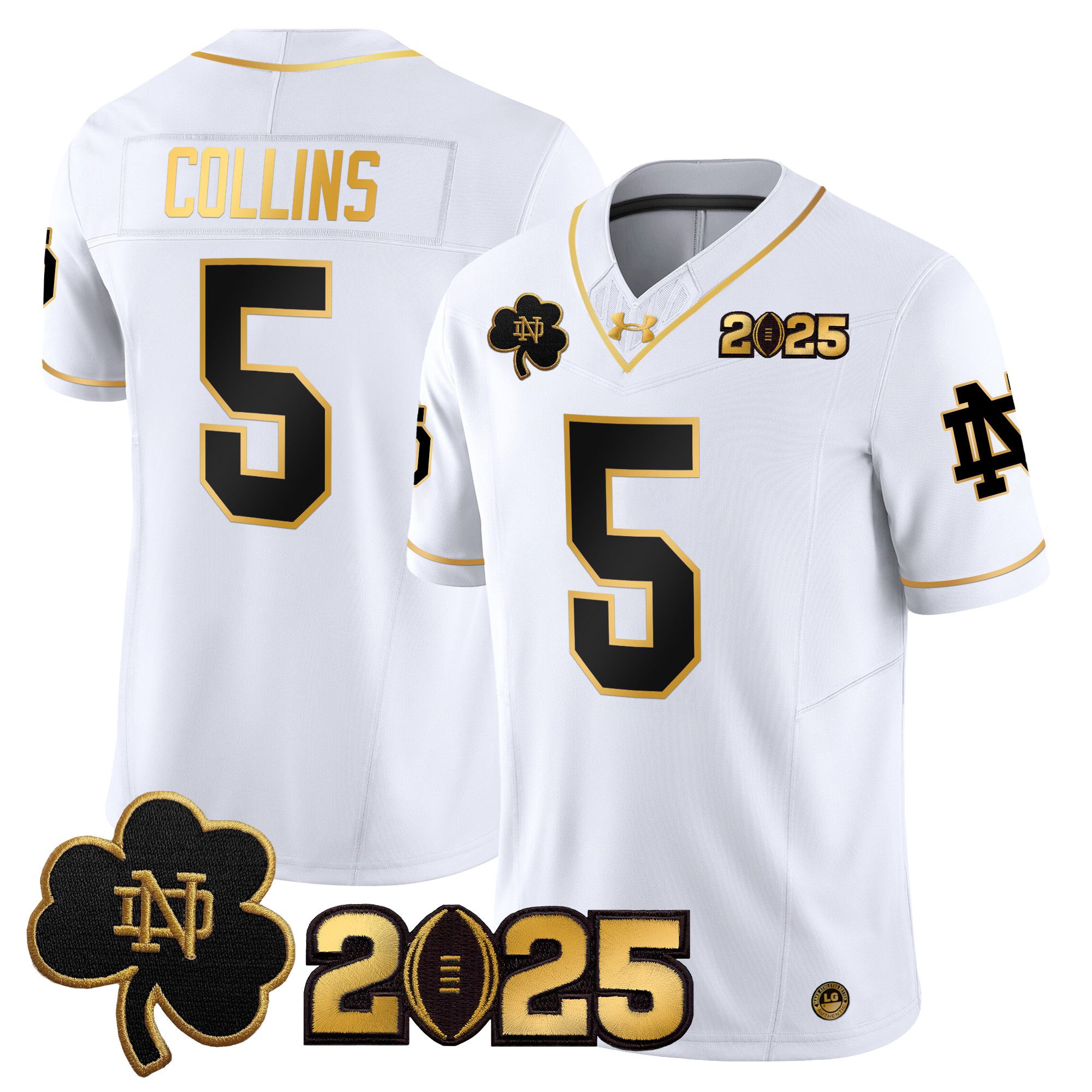Men Notre Dame Fighting Irish 5 Collins White 2025 CFP Final Patch Gold Vapor Limited NCAA Jersey